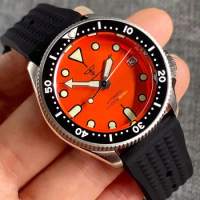 SKX013 Mod 200M Waterproof Steel Mechanical Watch Men Sunburst Orange Diver Wristwatch 37mm Lady Clock Waffle Band 3.8 Crown