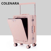 COLENARA 20 Inch Cabin Luggage Travel Bag Front Opening Laptop Boarding Case Aluminum Frame Trolley Case with Wheels Suitcase