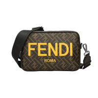 【FENDI 芬迪】7M0286AJJ4F1HR8 經典ROMA印花標誌編織布料拼色皮革斜背包(棕色)