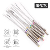 6Pcs Stainless Steel Chocolate Fork Cheese Pot Hot Forks Cake Fruit Dessert Fork Set Fondue BBQ Meat Skewer Kitchen Accessories