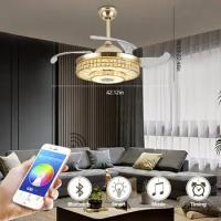 42 inch Retractable Ceiling Fan LED Light Bluetooth Music Player Crystal Chandelier Remote Contrl