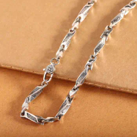 Real 925 Sterling Silver Six-Word Sutra Long Link Chain Necklace 21.6inch