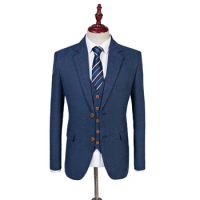 Custom Made Wool Blue Herringbone Retro Gentleman Style Tailor Business Blazer Wedding Tweed Suits For Men 3 Piece
