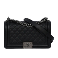 【CHANEL 香奈兒】荔枝牛皮菱格紋銀釦 Boy Chanel 25cm(黑色)