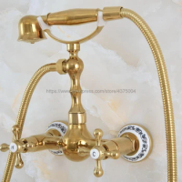 Gold Color Brass Bathroom Shower Faucet Mixer Tap With Hand Shower Head Shower Faucet Set Wall Mounted Nna827