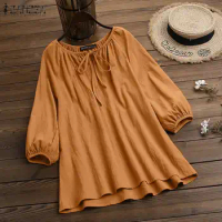 Womens 2023 Summer Blouses ZANZEA Solid Puff Sleeve Tops Female Vintage Cotton Shirt Casual Drawstring O Neck Blusa Oversize