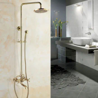 Shower Faucets Gold Brass Bathroom Shower Mixer Tap Faucet Set Rain Shower Head Round Wall Mounted Bathtub Faucet agf384