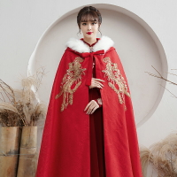 秀禾服新娘披風紅色中式婚禮毛披肩斗篷保暖加厚毛領漢服披風冬季