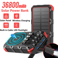 36800mAh Solar Power Bank Built in Cable Qi Wireless Charger Powerbank for iPhone 13 Xiaomi Samsung Poverbank with Camping Light