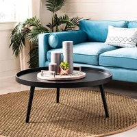 Black Round Coffee Table with Tray Top Mid-Century Modern Style 35.4" Wide x 15" High Luxurious Black MDF Wood Matte Finish