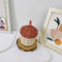 ตะกร้าเก็บของรูป Acorn, ทอมือ, กระเป๋าหวายกลม, ถังสไตล์ชายหาดเขตร้อน, กระเป๋าสะพายไหล่ทอ, อุปกรณ์ประ