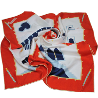 BVLGARI 義大利製品牌風格圖騰字母LOGO100%絲質大絲巾(白色底/紅邊)