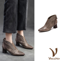 【Vecchio】真皮踝靴 高跟踝靴/全真皮頭層牛皮典雅民族風雕花尖頭高跟踝靴(卡其)