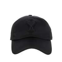 AMI PARIS 經典黑色立體貼片愛心尼龍網布棒球帽 (黑色)