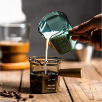 YWDL 120ml Hexagon Wood Handle Glass Espresso Measuring Cup Kitchen Home Single Mouth Milk Jug Coffee Supplies