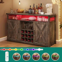 Bar Cabinet with LED Lights, 55" Farmhouse Buffet Coffee Bar Cabinet with Storage, Wine Liquor Cabinet with TV bench