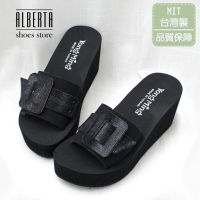 【Alberta】拖鞋 楔形鞋 MIT台灣製 水鑽扣帶裝飾素色皮質鞋面楔型前3.5cm跟7.5cm涼拖鞋