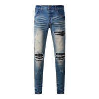 Amiri High Street แฟชั่นผู้ชายกางเกงยีนส์วินเทจสีฟ้าบางพอดีหนังแพทช์ฝีมือการออกแบบปุ่มกางเกงยีนส์ผู้