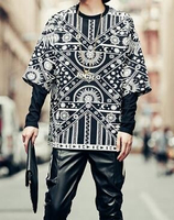 FINDSENSE Z1 韓國 時尚 潮 男 個性黑白拼色 幾何圖案 圓領 長袖 外套 衛衣 長袖T恤