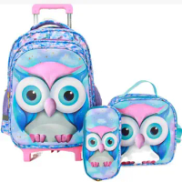 School trolley bag for girls Owl style kids School Rolling backpack with lunch bag pen wheeled backpack school bag with wheels