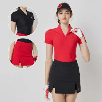 Blktee Ladies Short Sleeve Polo Golf T-shirt Breathable Elastic Tops Women Slim High Waist Golf Skirt Side Pocket Pencil Skort