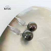 KUGG PEARL 18k White Gold Earrings 10-11mm Natural Tahiti Black Pearl Shiny Diamond Drop Earrings for Women High Wedding Jewelry