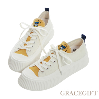 【Grace Gift】迪士尼唐老鴨款經典電繡鞋舌厚底餅乾鞋 白X黃