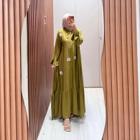Mawa Dress Gamis Rayon Twill Motif Bunga Bordil - Mawa Olive, LD 115CM