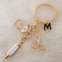 New A-Z letter enamel nurse cap medical keychain needle syringe stethoscope cute keychain jewelry graduation gift