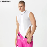 Men Bodysuits Mesh Patchwork Turtleneck Skinny Sleeveless Male Rompers Streetwear 2023 Transparent Sexy Fashion Bodysuit INCERUN