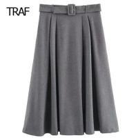 TRAF Long Skirts For Women Fashion Autumn Midi Gery Skirts Mid Waist Wrap Skirt With Belt Elegant Designer Skirts Women Luxury