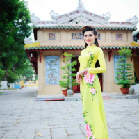 hand-painted peony traditional qipao dress two-piece cheongsam aodai vietnam clothing cheongsam aodai vietnam dress 2pcs dress