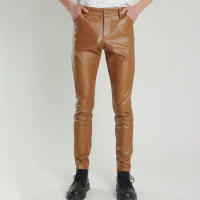 Men's Faux Leather Pants Slim Fit Stretchy Fashion PU Biker's Trousers Cosplay Nightclub Party Dance Pants Thin