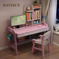 Wooden Children Table Home Student Study Table For Laptop Bedroom Computer Desks For Girls Bookshelf With Adjustable Seat