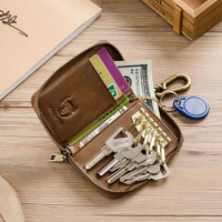 Genuine Leather Men Wallet with Key Pocket Small Zipper Key Wallet Keychain Housekeeper Design Money Bag Bifold Purse Male
