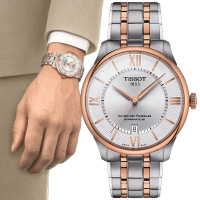 TISSOT天梭 官方授權 杜魯爾系列 典雅羅馬機械腕錶-玫瑰金x白 禮物推薦 畢業禮物 39mm/T1398072203800
