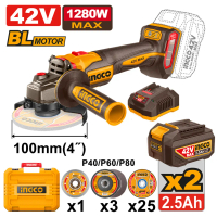INGCO เครื่องเจียร์ไร้สาย 42V (1280W ) นิ้ว รุ่นงานหนัก BL MORTOR CAGLI4128102 ครบชุดแบต2.5ah*2ก้อน+