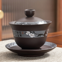 紫砂手抓蓋碗單個功夫三才碗沏茶杯大號敬茶碗泡茶碗陶瓷茶道茶具