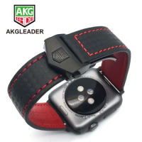AKGLEADER Carbon Fiber Genuine Leather Watch Strap Band For Apple Watch Series 4 5 6 7 45mm 40mm 44mm Series 3 Wrist Bracelet