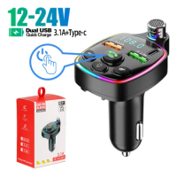 Car Bluetooth 5.0 Charger FM Transmitter Dual USB 3.1A PD 20W Colorful Ambient Light Cigarette lighter MP3 Music Player