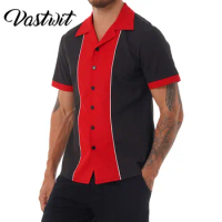 Mens Short Sleeve Bowling Shirt Retro Color Block Camp Shirt Fashion Notched Collar Button Down Loose Tone Striped Shirt