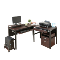 【DFhouse】頂楓150+90公分大L型工作桌+1抽屜+1鍵盤+主機架+桌上架+活動櫃-胡桃色