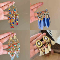 Bông tai tua rua lông vũ xanh theo phong cách Bohemian, bông tai nữ kiểu dáng dân tộc kỳ lạ, bông ta