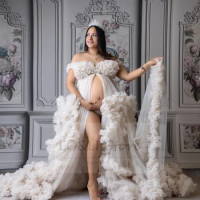 Luxury Pregnant Dress For Photoshoot Puffy Tulle Dress Sleeveless Ruffles Custom Women Wedding Robe Fluffy Party Gown Dress 2024