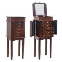 Standing Jewelry Cabinet Chest with Top Storage Organizer with Mirror , 2 Side Swing Doors(Brown) 5 Drawers &amp; 6 Necklace Hooks
