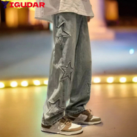 Star เย็บปักถักร้อยตรงกางเกงยีนส์ผู้ชาย Gothic Neutral ใหม่ขากว้างหลวม Hip-Hop แฟชั่นเยาวชน Streetwear Denim กางเกง Y2K