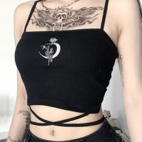 Gothic Women's Print Suspender Sleeveless Square Neck Slim Crop Top Sexy Halter Bottoming Shirt Girls Party Wear