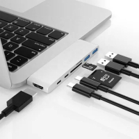 7 in 1 Type C to HDMI+SD+TF+USB3.0*2+PD*1+USB C High Speed Multi HDMI Adapter Dock Station Type C USB Hub for Macbook Laptop