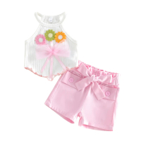 2Pcs Baby Girl Summer Outfits Sleeveless Bow Front Tops + Shorts