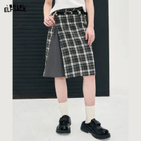 ELFSACK gery contrast plaid mid length skirt for women 2024 spring academic style versatile high-rise zipper sweet girl skirt